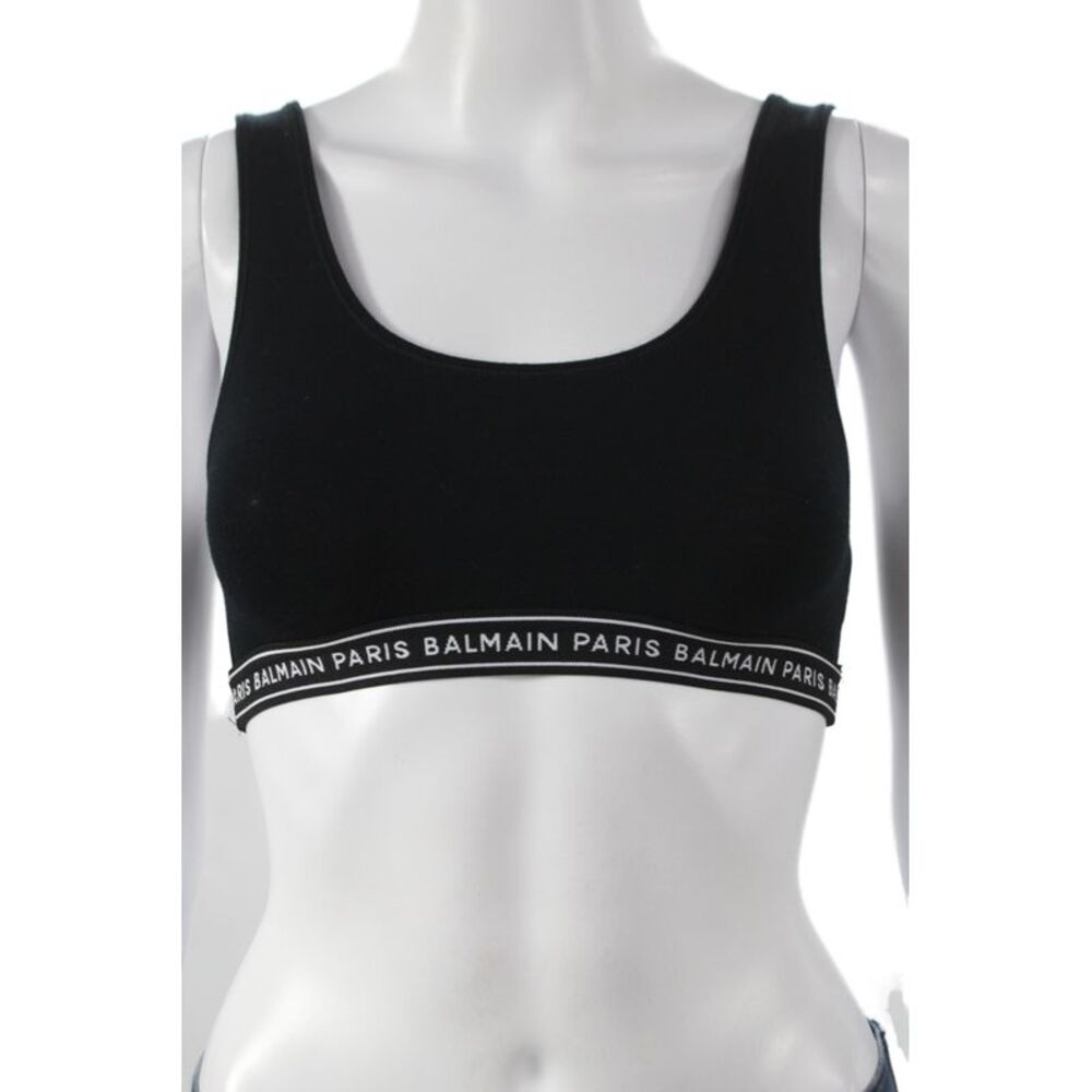 Balmain Womens Cotton Logo Band Scoop Neck Sports Bra Black Size 36